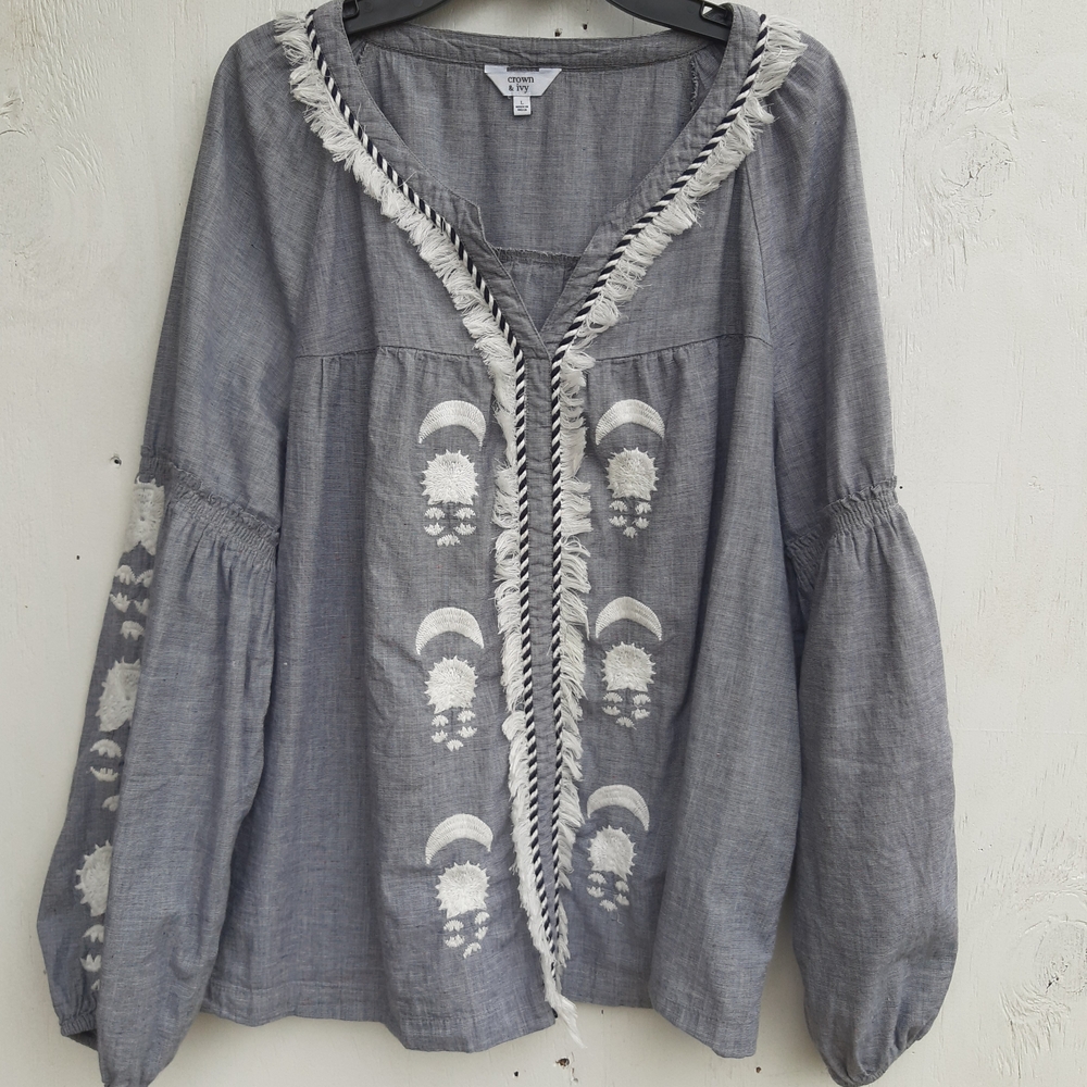 Crown & Ivy Navy Blue Embroidered Blouse